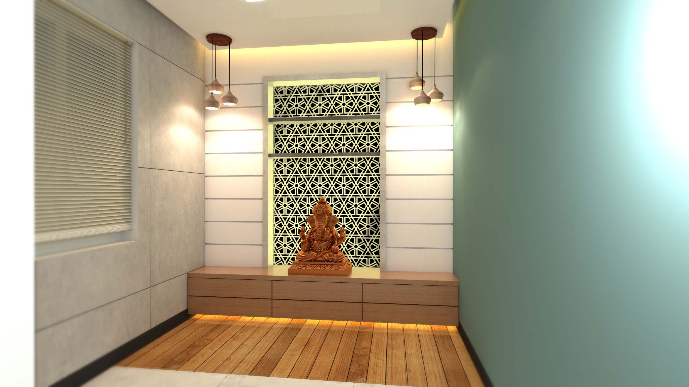 Modern Puja Room With Back Jaali